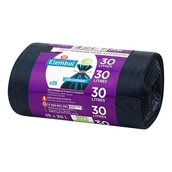 Sacs poubelle 30L Elembal à liens classiques - x25