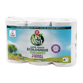 Papier toilette Uni Vert Blanc 3 plis recyclés - x6